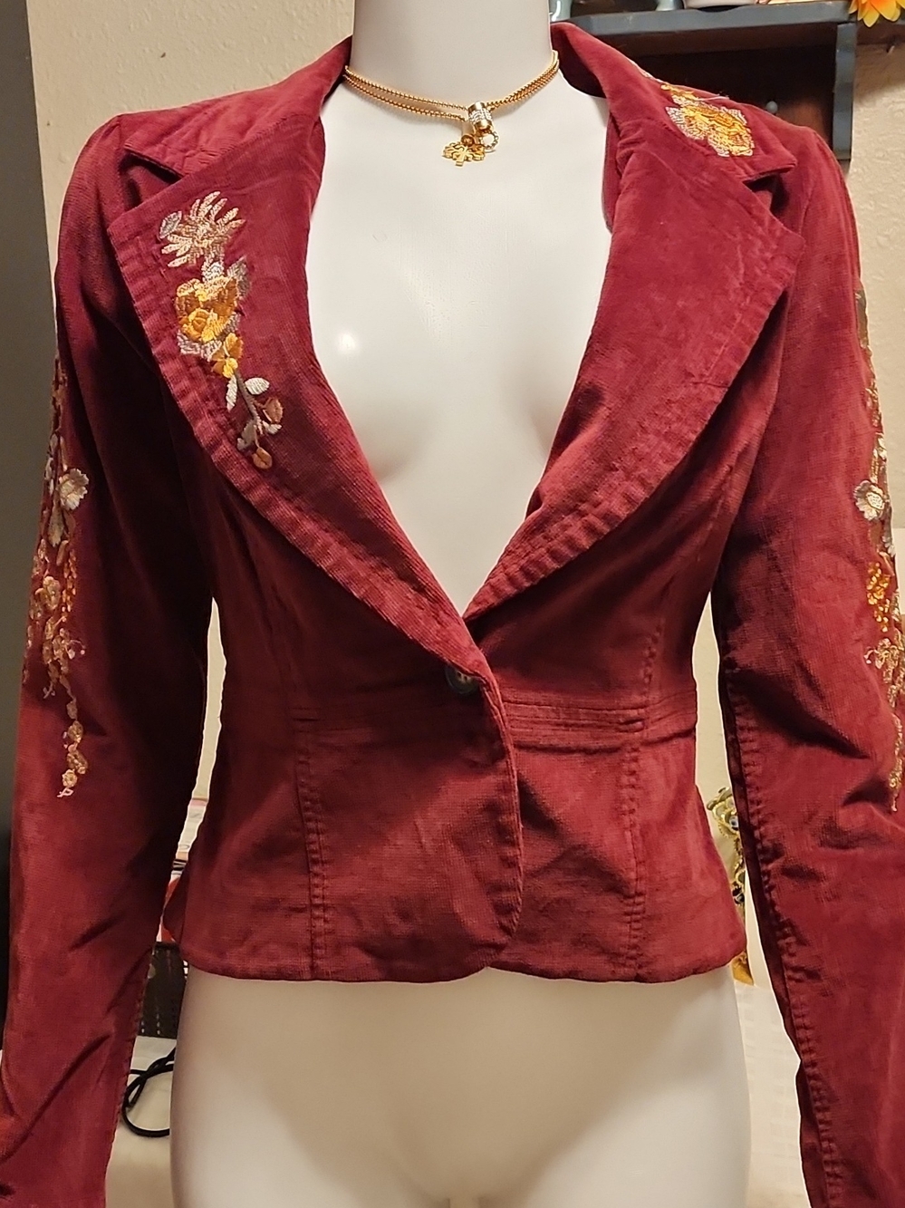 NWT True Meaning Y2K Corduroy Blazer Jacket Burgundy Floral Embroidered M Whimsy